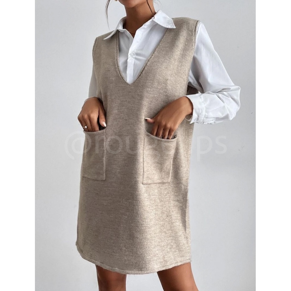 Knit Oversized Mini Vest Dress Khaki V-Neck with Pockets - Picture 5 of 9